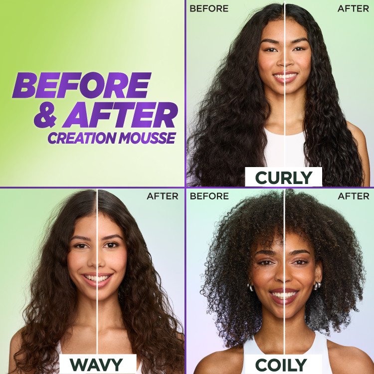 Before and after Garnier Fructis Creation Mousse for wavy, curly, coily hair.